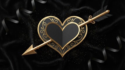 Golden arrow piercing through an ornate black heart on a glittery dark background with ribbon accents