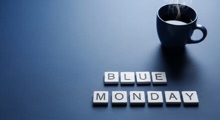 Blue monday text spelled out with letter tiles next to a steaming cup of coffee, illustrating emotional struggle and a mental health concept