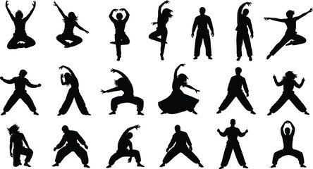 Set of black silhouette people in various poses, dancing, jumping, stretching, yoga, tai chi, martial arts, body movement exercise vector.