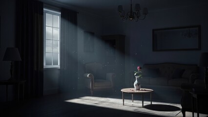 Sunlight streams through a window, illuminating a vase with a single flower on a coffee table in a dimly lit room with furniture.