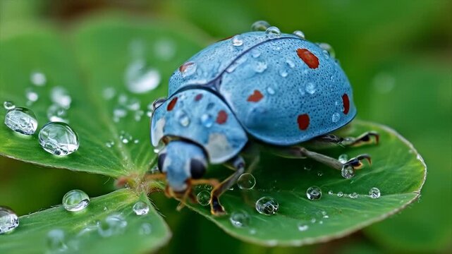 Blue insect with red spots and raindrops on a green leaf