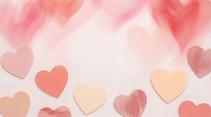 Soft pastel heart shapes scattered on a light background with blurred red heart smoke effects