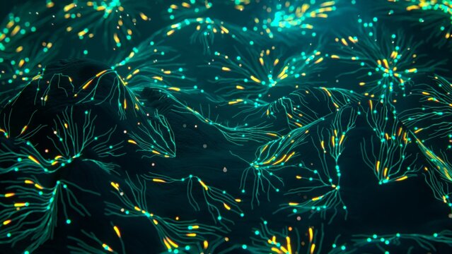 3D render of luminous neural connections spreading over a dark, undulating terrain. Vibrant turquoise and orange light trails resemble active data signals, creating a dynamic visualization of