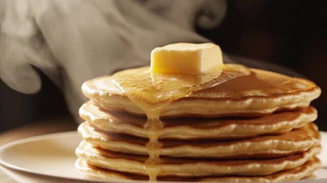 A closeup shot of a stack of goldenbrown pancakes with a melting pat of butter and syrup drizzling down emitting steam They rest on a plain white plate