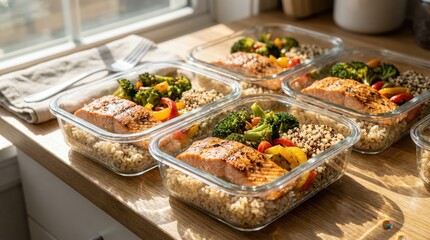 Meal prep containers with grilled salmon, quinoa, broccoli, and colorful vegetables on a wooden table