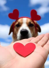 Hand holding red heart with dog in heart headband under blue sky, symbol of love and companionship