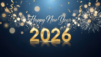Elegant happy new year 2026 greeting card featuring shimmering golden numerals glitter confetti and spectacular blue bokeh fireworks display