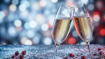 Two elegant flutes filled with sparkling wine clinking together against a festive bokeh background