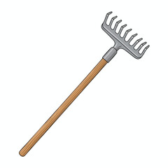 Illustration of a gardening tool with metal tines and a wooden handle