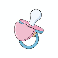 A colored pacifier illustration with a white, pink, and blue design