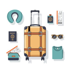 A collection of travel essentials luggage, passport, ticket, sunglasses, and clothes