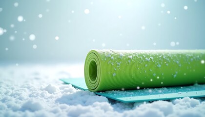 Yoga mat covered in snow with falling snowflakes, winter wellness concept, copy space
