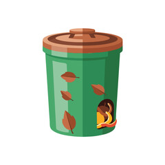 Vector image of a compost bin with lid and leaves, partially full