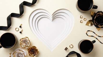 Elegant flat lay with heart cutout, black and gold accessories, and floral decorations on a beige background