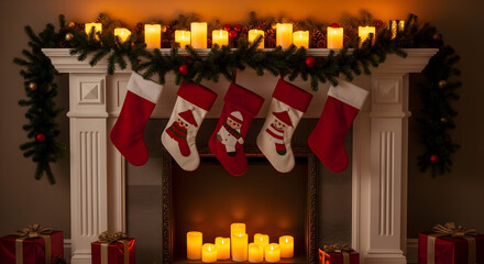 Festive Christmas stockings hanging on a beautiful mantelpiece with glowing candles and presents create a warm, inviting holiday atmosphere indoors
