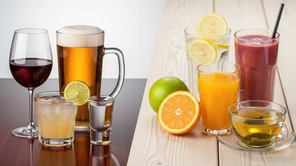 Assorted beverages displayed on wooden and dark surfaces with citrus fruits nearby