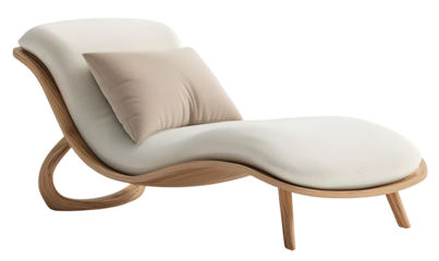 A modern outdoor sun lounger featuring a fabric cushion. It has a unique design made for relaxation and comfort in outdoor settings