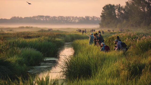 Enthusiastic birdwatchers explore a lush wetland at dawn binoculars ready to spot colorful waterfowl amidst serene marsh vegetation.