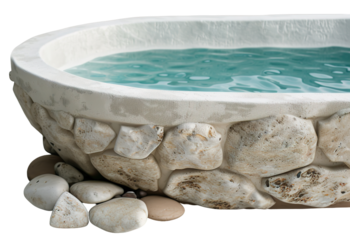 A luxury pool with a stone rim filled with turquoise water. The pool stands still on a transparent background. The stones surround the pool, creating a natural look