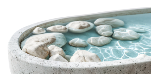 A luxury pool features a stone rim and clear turquoise water. The scene showcases smooth stones resting on the water's surface, highlighting the clean design