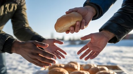 Hands exchanging bread during winter food relief distribution outdoors