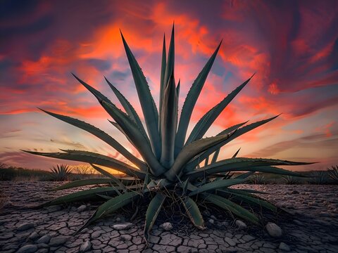 Vibrant sunset over agave plant - Powered by Adobe