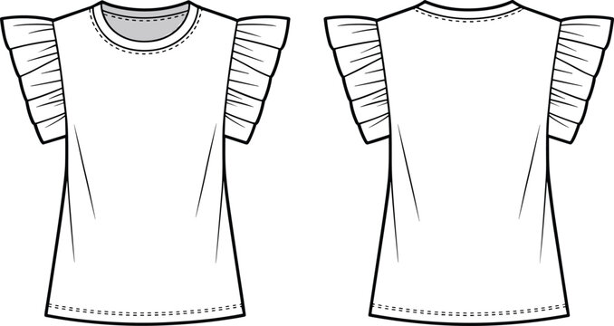 Front back view ruffle sleeve t shirt vector illustration mockup isolated white background women fashion apparel design template