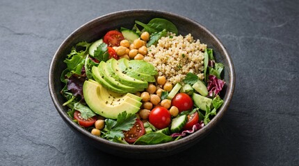 Fresh quinoa salad with avocado, cherry tomatoes, cucumber, chickpeas, and mixed greens in a dark bowl