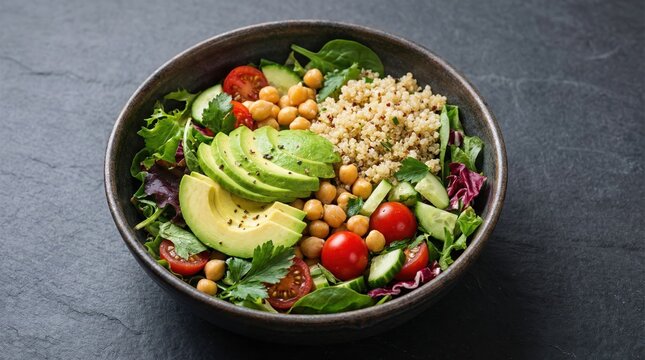 Fresh quinoa salad with avocado, cherry tomatoes, cucumber, chickpeas, and mixed greens in a dark bowl