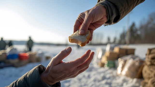 Hands share fresh bread between volunteers and needy during winter relief