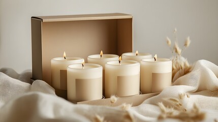 Six lit scented candles in a box with neutral fabric
