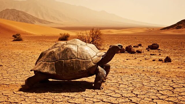 Ancient Tortoise Slowly Crosses Sun-Baked Desert Landscape