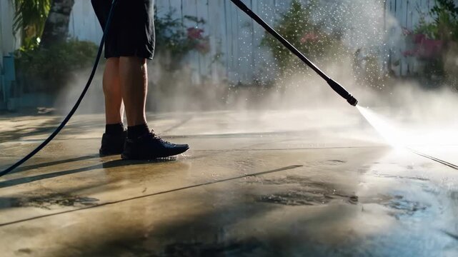 Medium shot of a worker using a highpressure washer to clean a concrete driveway emphasizing powerful water spray removing dirt and grime.