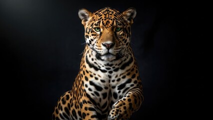 A majestic leopard sitting calmly with a fierce gaze, against a dark background
