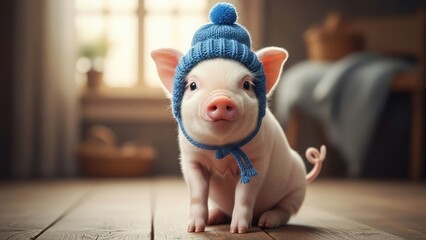 A small piglet wearing a blue knitted hat stands on a wooden floor in a cozy room