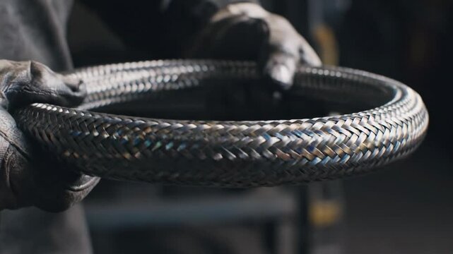 Gloved hands carefully manipulating a braided metal flexible hose in an industrial setting