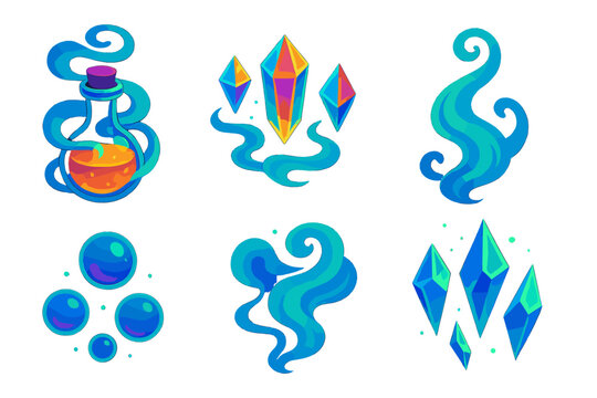 Alembic Dream Vapor. Isometric vector illustration set Alembic Dream Vapor: swirling vapor around alembic flask, glowing liquid