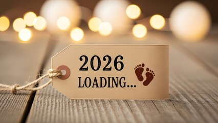 A tag displaying the message 2026 Loading along with baby footprints, against a background of wooden planks and soft lights. This image captures the anticipation and excitement of expecting a child.