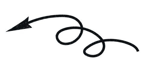 Hand drawn crayon movement black arrow. Grunge squiggly arrow. Pencil chalk lines sketch. Color brush scribble element. Doodle vector illustration.