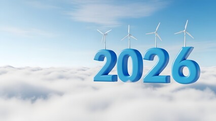 Visualizing future sustainability with floating numbers above cloud and wind turbines. The image represents the year 2026, symbolizing a commitment to renewable energy and a greener future