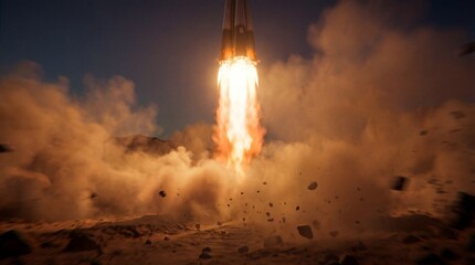 Rocket Ship Launch With Fire Smoke And Debris At Night 3D Render