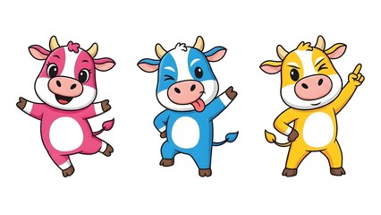 Obraz premium Three cartoon cows in pink, blue, and yellow costumes dancing against a white background with playful expressions.