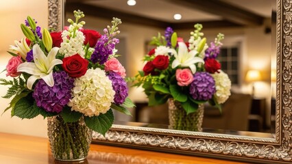 Bouquet of flowers in a vase reflected in a mirror on a wooden table