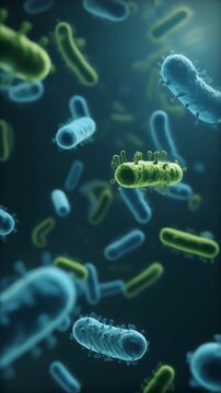 Microscopic view of various bacteria cells floating in a dark, aquatic environment.
