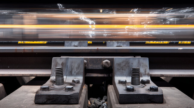 Railroad track joints at station with motion blur of passing train and industrial lighting. mobility guides, transit brochures, designed for transport & logistics marketing.