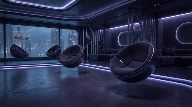 Futuristic Living Room with Levitating Chairs and Cyberpunk City View 3D Render