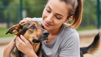 Woman tenderly hugging her dog in a serene outdoor setting
