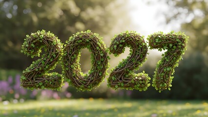 The year 2027 is artistically designed using green leaves and twigs, hovering over a soft focus grassy field with a blurred background of trees and sunshine.