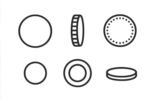 Minimalist Coin Icons. Line style icons of Coin: round coin, coin edge, minted circle, small token, simple coin face, thin disc