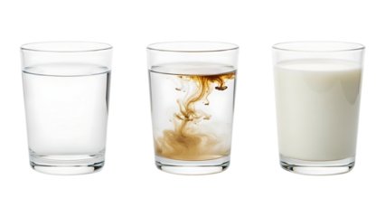 Three clear glasses showing the gradual addition of coffee cream to water representing a mixture